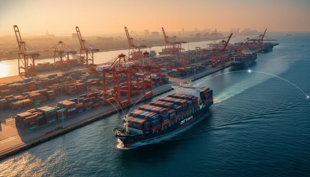 panoramic view of Shenzhen Shekou container port with cargo ship heading to Tokyo
