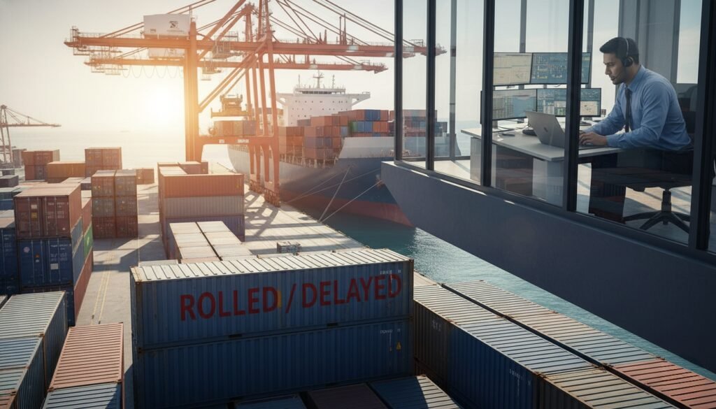 port scene showing a high-value 40HQ container labeled Rolled Delayed at Shenzhen Shekou Port