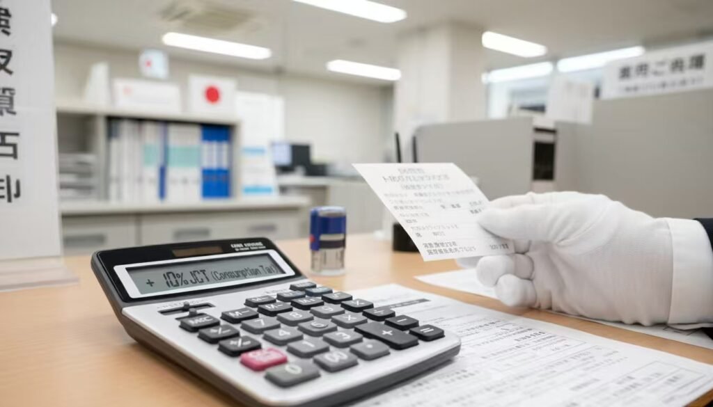 professional photo of Japanese customs office with import documents and calculator