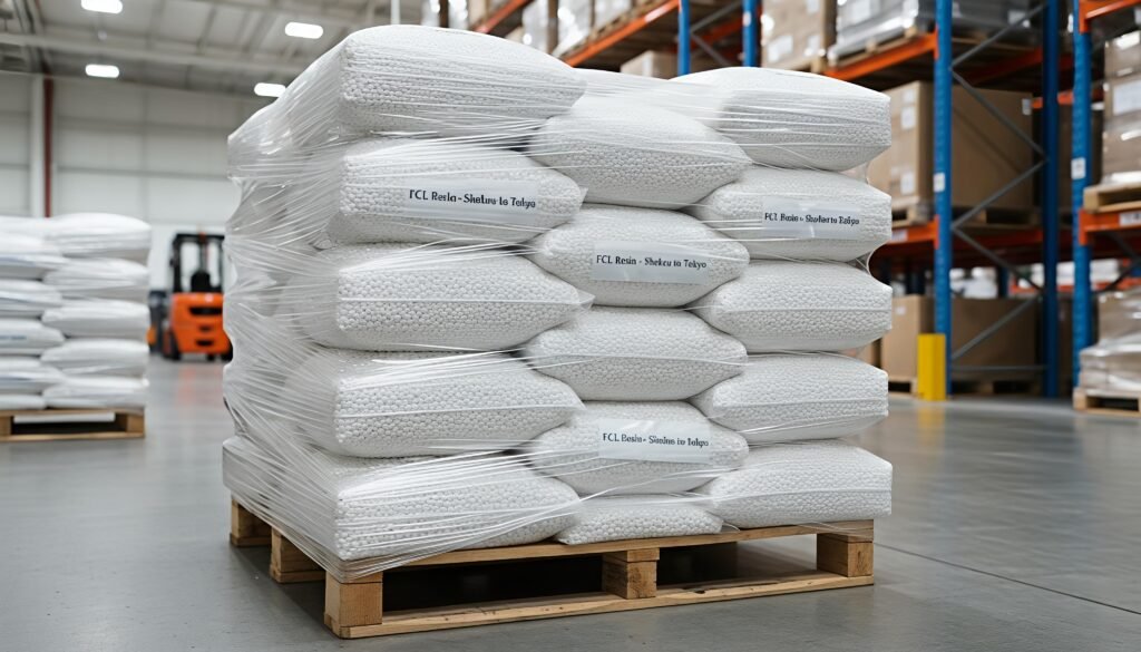 the petrochemical resin bags stacked perfectly on a wooden pallet, freshly stretch-wrapped