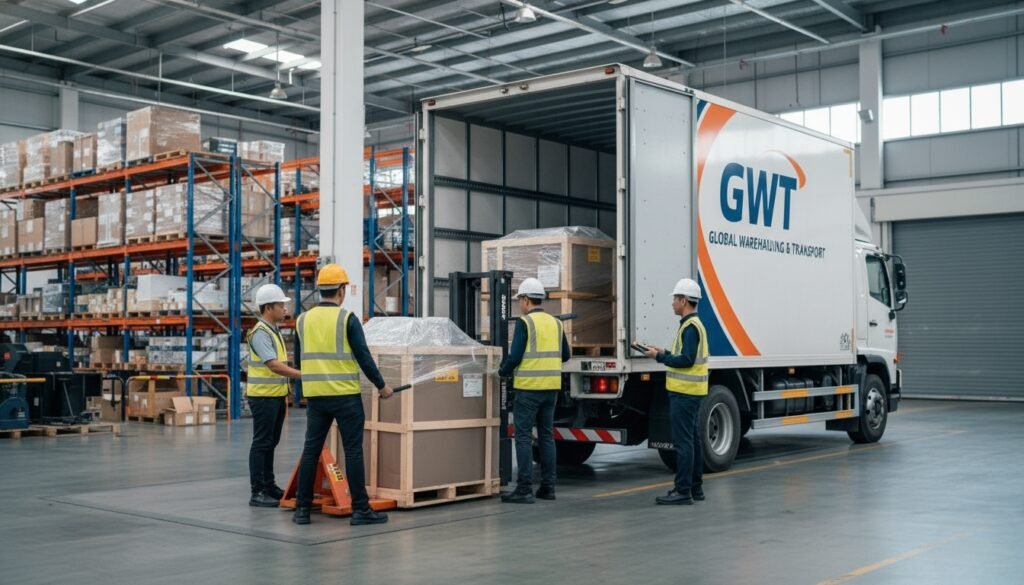 warehouse scene showing high-value industrial machinery inside protective crates labeled Fragile High Value