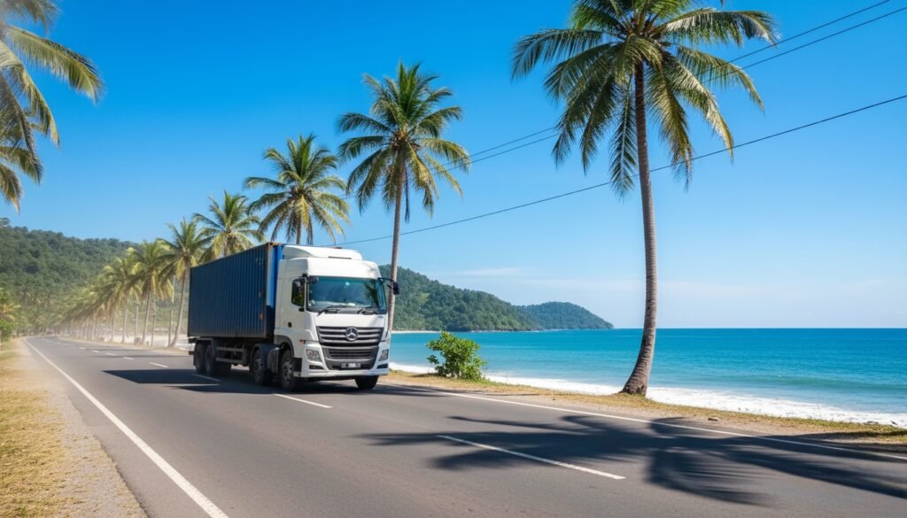 A-heavy-logistics-container-truck-driving-along-a-scenic-coastal-road-in-Indonesia-with-palm-trees-and-the-ocean-in-the-background