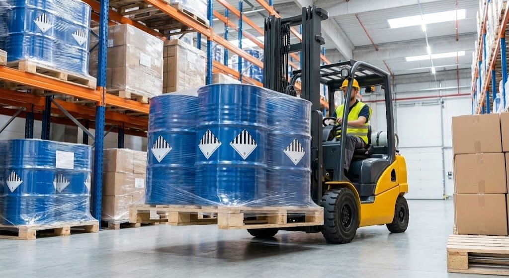 Inside-a-modern-logistics-warehouse.-Pallets-of-blue-industrial-chemical-drums-properly-secured-and-wrapped