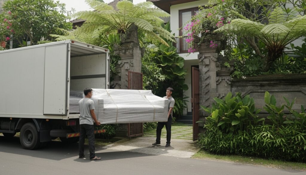 Movers-are-carefully-carrying-a-wrapped-sofa-towards-the-villa-gate