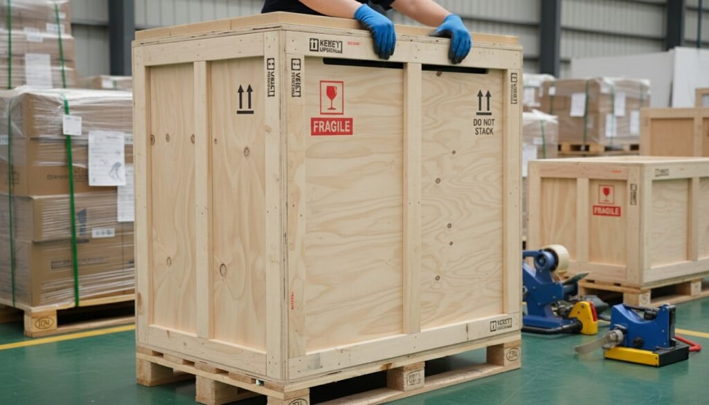 a 75-inch LCD monitor being packed into a non-fumigated plywood crate
