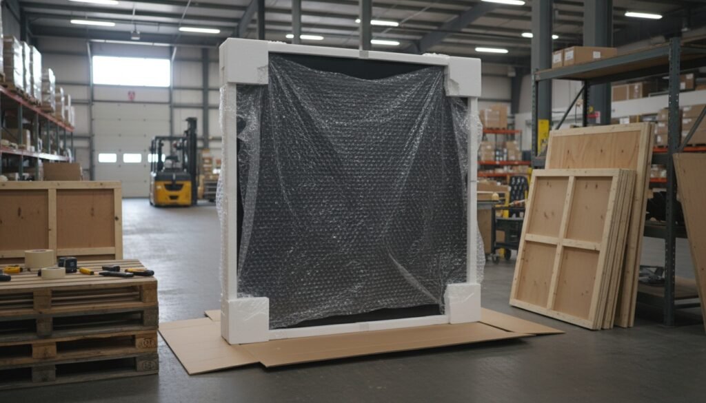 a 75-inch LCD monitor standing upright on a packing area