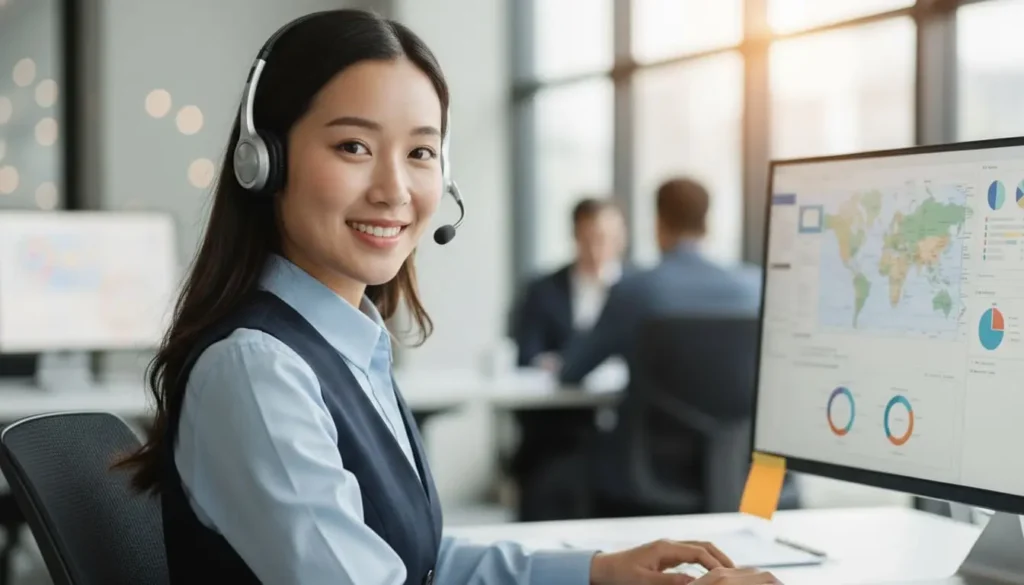 A friendly Chinese logistics coordinator smiling and working in a modern office